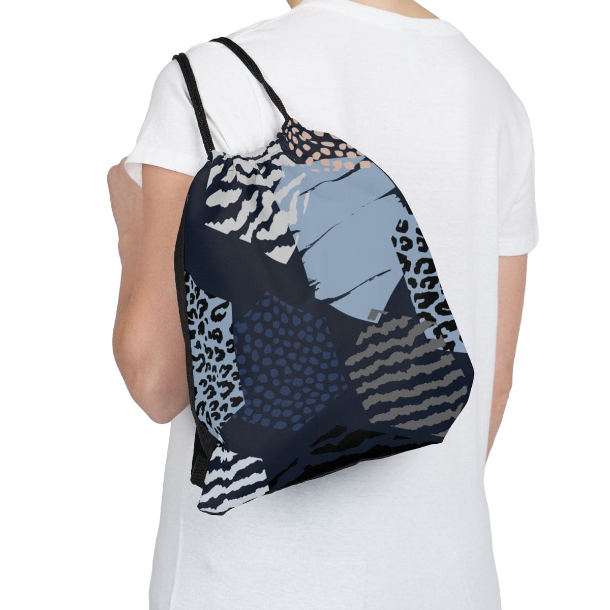 Drawstring Bag - Blue Grey White Hexagon Print