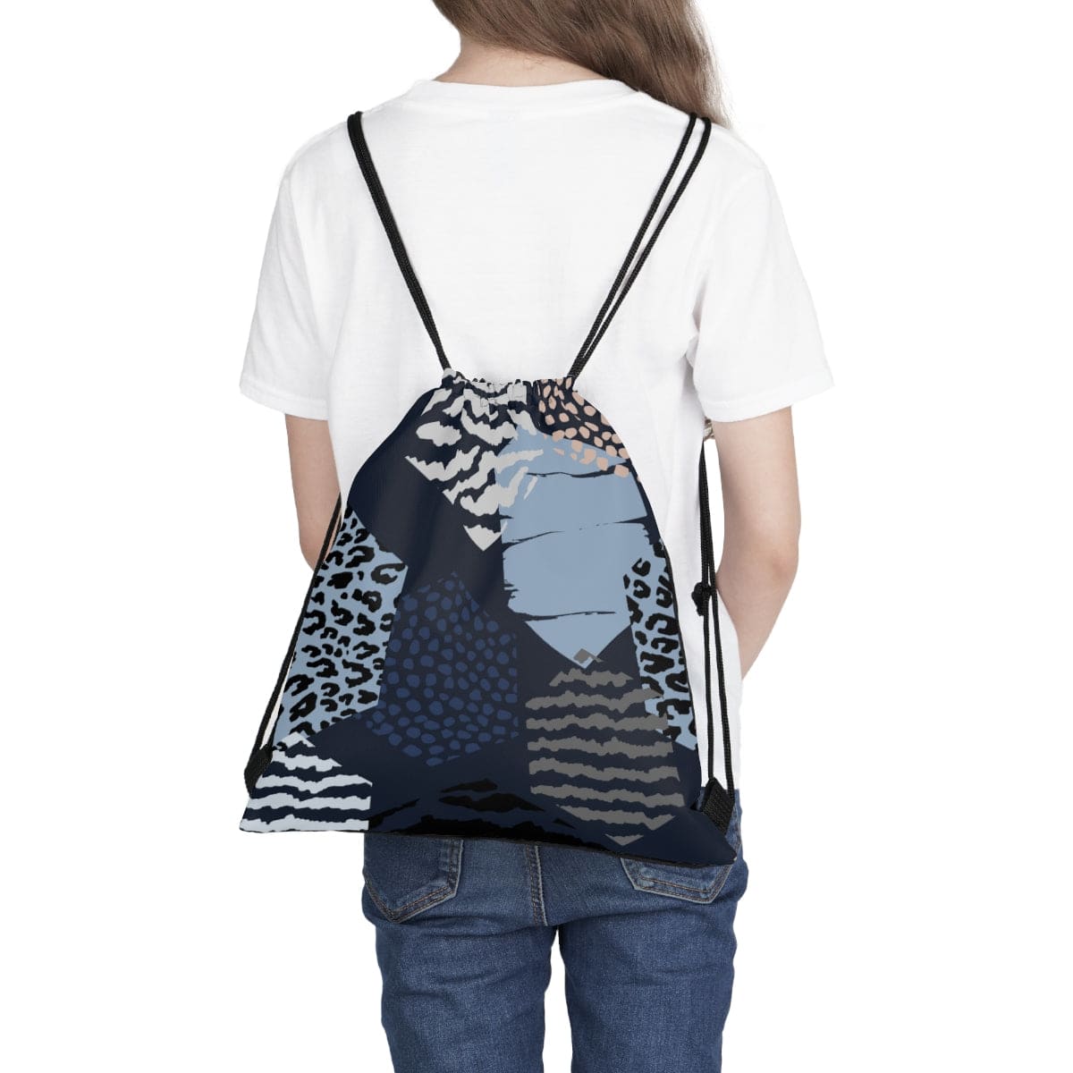 Drawstring Bag - Blue Grey White Hexagon Print