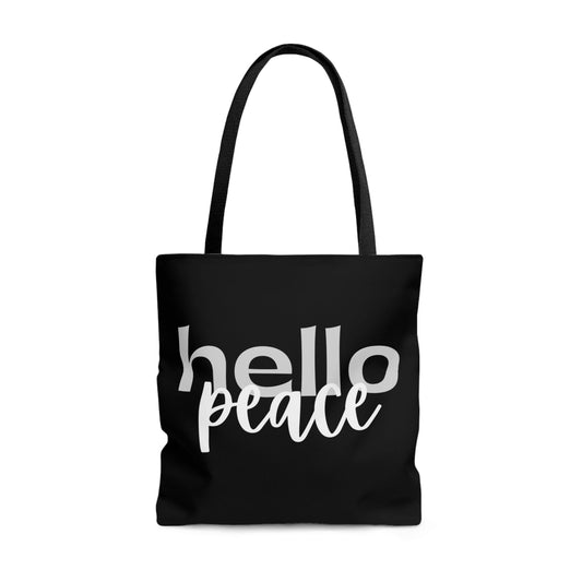 Large Tote Bag Hello Peace Motivational Peaceful Aspiration - Grey/white